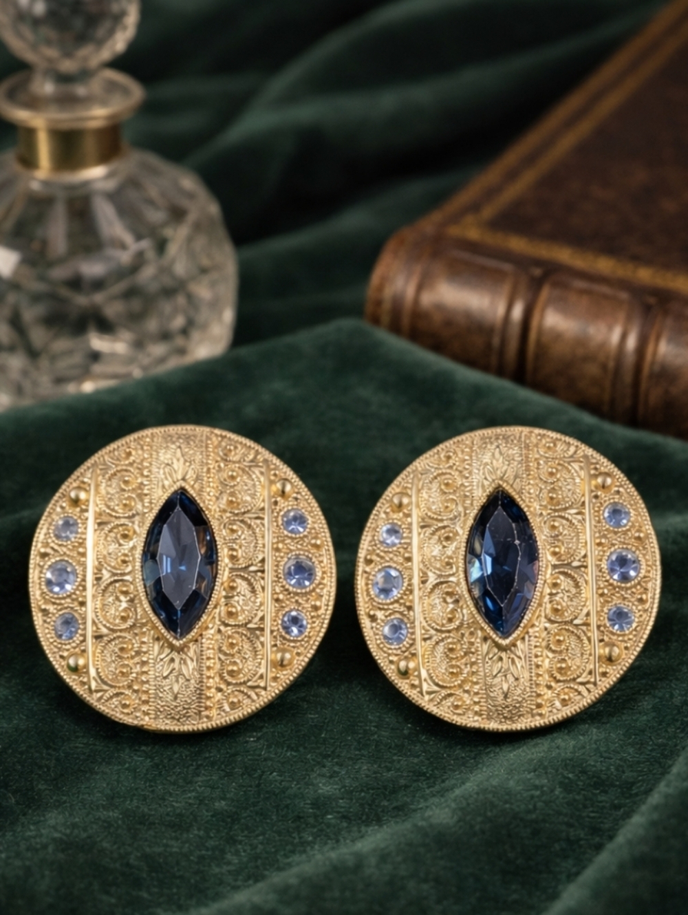 Vintage 80s Gold Tone Filigree Clip On Earrings Blue Rhinestone Oval Statement